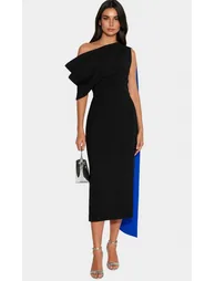 Candidus Shawl Ruch Asymmetric Midi Dress In Black