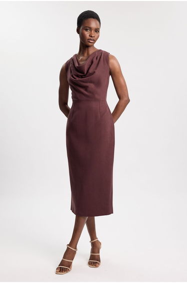 Tencel Blend Tailored Cowl Neck Midi Dress
