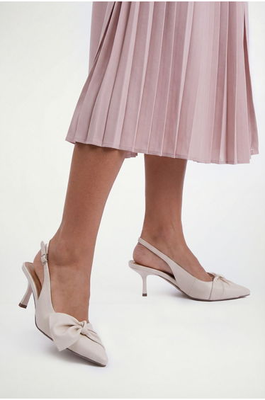 Maggie Faux Leather Bow Detail Slingback Comfort Pointed Kitten Heel Court Shoes