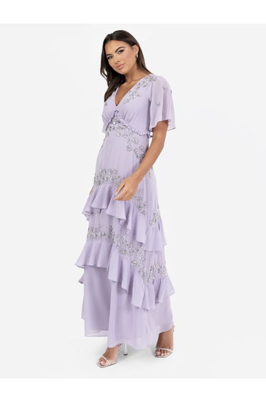 Maya Thistle Lilac Embellished Short Sleeve Ruffled Maxi Dress