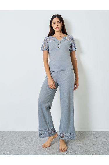 Crochet Lace Sleeve Rib Placket T-Shirt and Pyjama Set