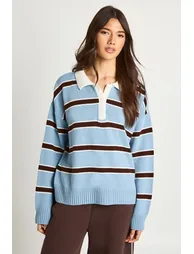 Stripe Button Collar Long Sleeve Knitted Jumper - blue - 3