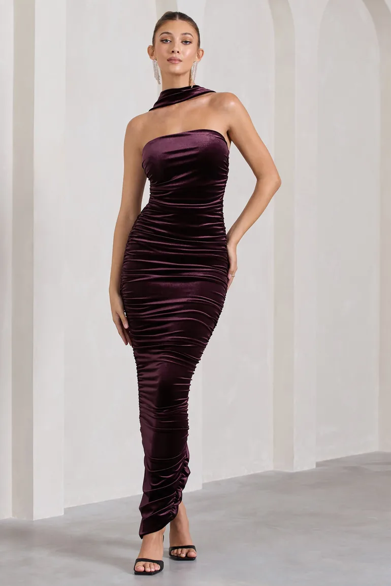 Cayenne | Dark Purple Velvet Halter-Neck Bandeau Maxi Dress - 4