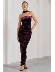 Cayenne | Dark Purple Velvet Halter-Neck Bandeau Maxi Dress - 4
