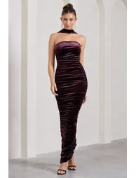Cayenne | Dark Purple Velvet Halter-Neck Bandeau Maxi Dress - 3