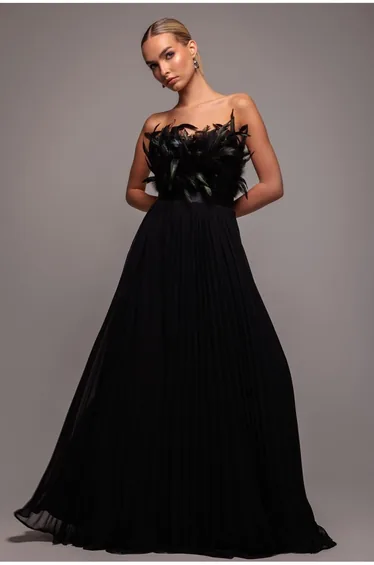 Goddiva Feather Off The Shoulder Pleated Evening