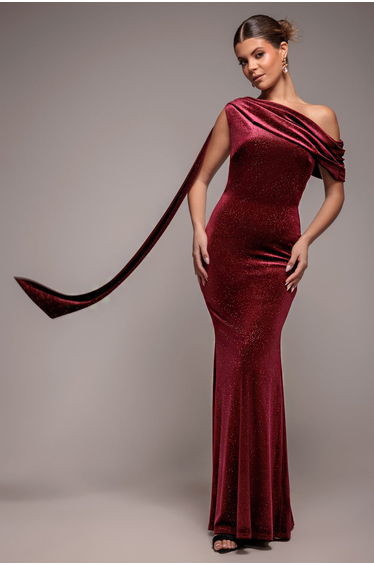 Glitter Velvet Sash One Shoulder Bardot Maxi Dress - Wine by Goddiva