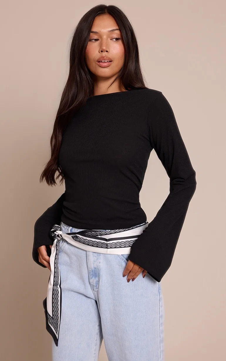 Black Rib Onion Skin Flare Long Sleeve Top - 3