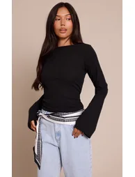 Black Rib Onion Skin Flare Long Sleeve Top - 3