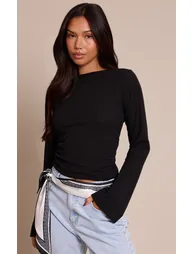 Black Rib Onion Skin Flare Long Sleeve Top