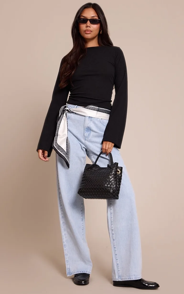 Black Rib Onion Skin Flare Long Sleeve Top - 2