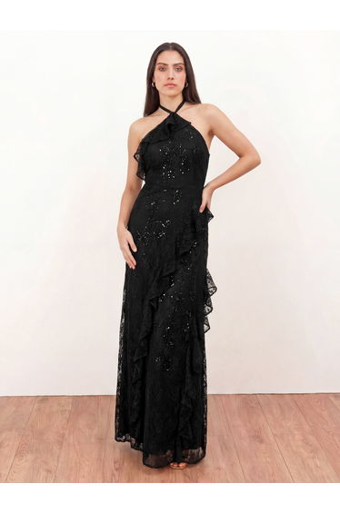 Maya Black Embellished Halter Neck Lace Maxi Dress