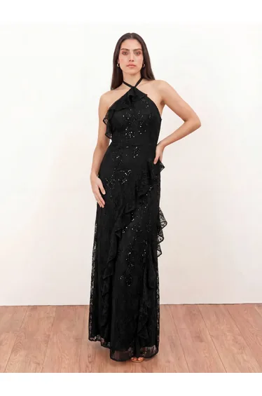 Maya Black Embellished Halter Neck Lace Maxi Dress