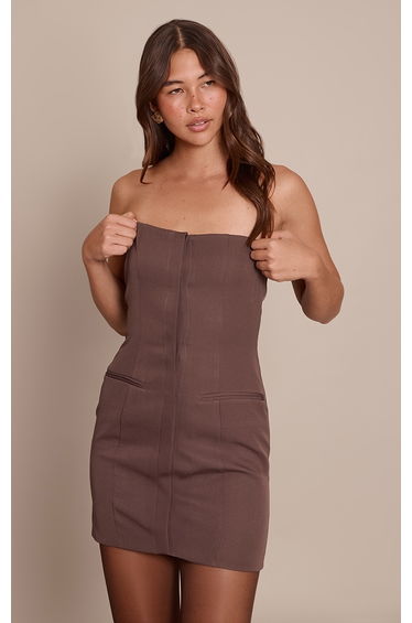 Chocolate Woven Tailored Bandeau Placket Detail Mini Dress