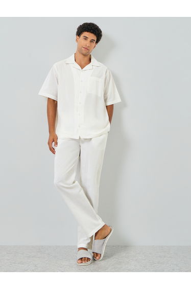 Men White Cotton Relaxed Shirt and Pyjama Set