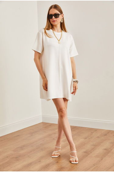 Women's Ecru Front Stitched Soft Textured Mini Dress