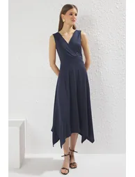 Anthracite Pique Slit Double Breasted Closure Flexible Knit Dress - 5