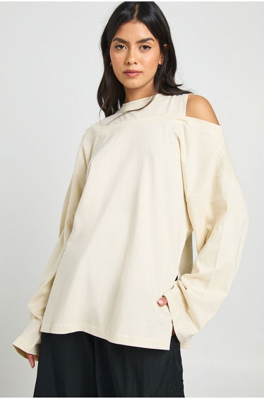 Heavy Cotton Oversized T-Shirt with Cold Shoulder - ecru