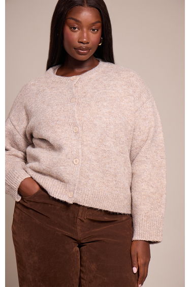 Plus Taupe Brushed Oversized Detail Round Neck Cardigan