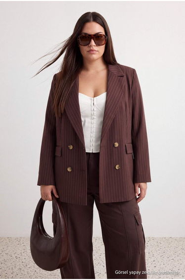Brown Striped Button Closure Oversized Woven Jacket