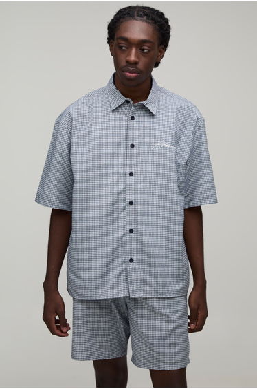 Embroidered Micro Check Boxy Shirt & Short Set