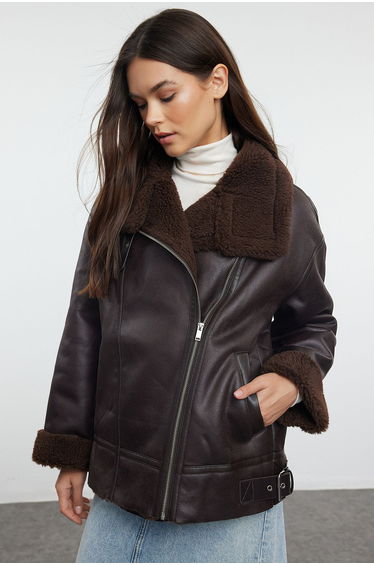 Dark Brown Collar Belt Detailed Plush Suede Biker Jacket Coat
