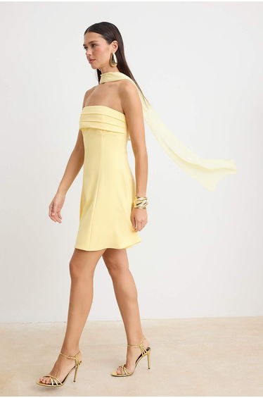 Light Yellow Plain Woven Finike Short / Mini Unlined Dress