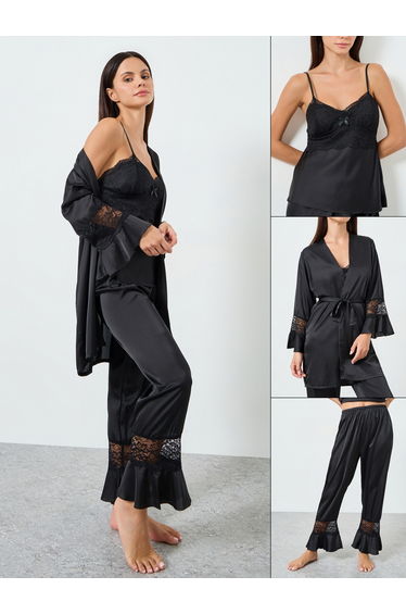 Pack of 3 - Lace Insert Cami, Robe and Pyjama