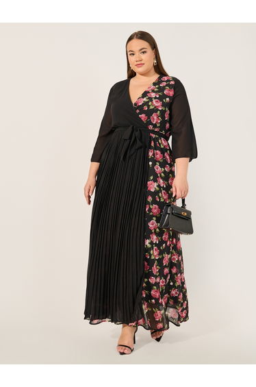 Print 3/4th Sleeves A-Line Maxi Dress