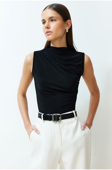 Black Zero Sleeve Gathered Formal Stretch Knitted Blouse