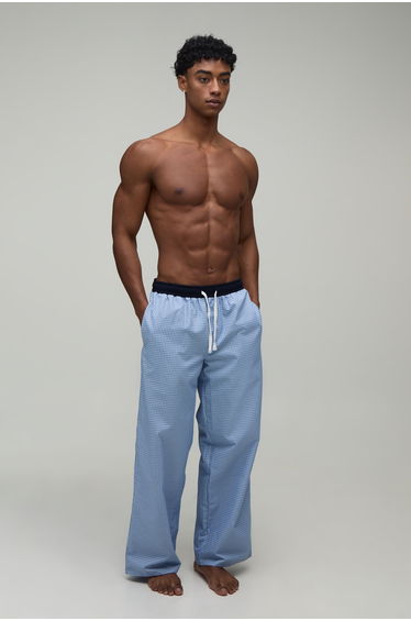 Straight Fit Micro Check Lounge Bottoms with Contrast Waistband - blue