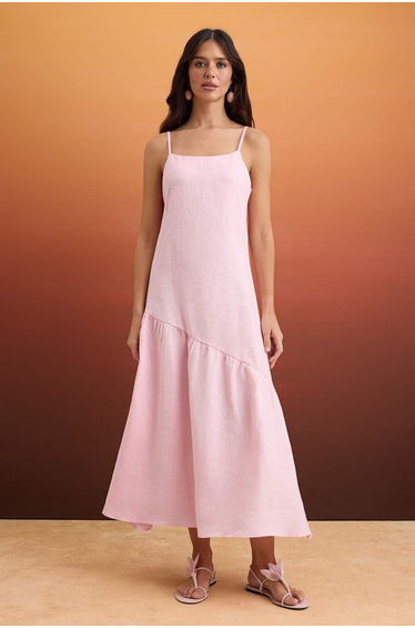 Pink 100% Linen Straps Maxi Woven Dress