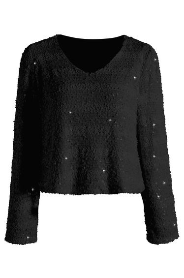 All Over Sequins V Neck Top in Black for Cocktail Parties & Holiday Dinners