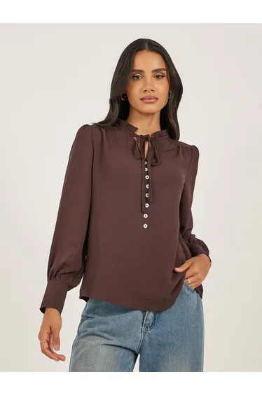 Ruffled Tie-Up Neck Balloon Sleeve Top