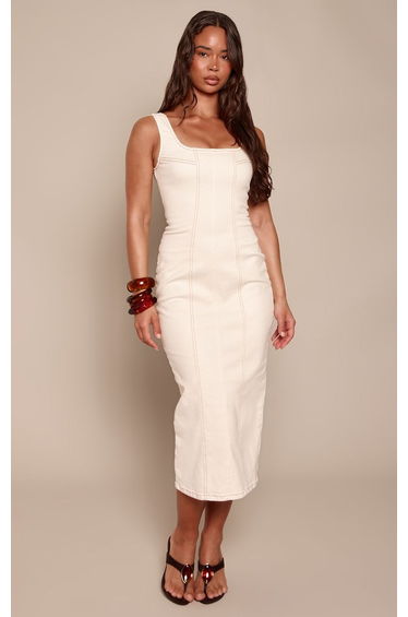 Ecru Bodycon Seam Detail Denim Maxi Dress
