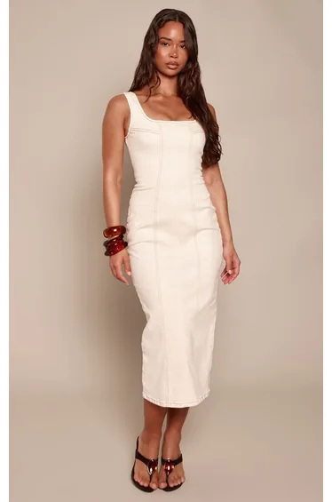 Ecru Bodycon Seam Detail Denim Maxi Dress