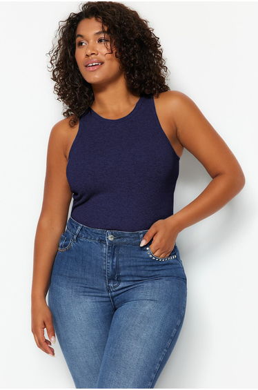 Blue Halter Neck Basic Knitted Tank Top