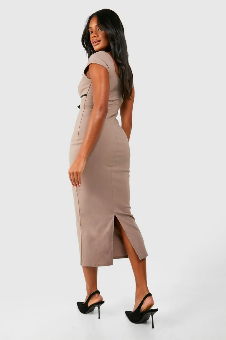 Cap Sleeve Bengaline Bow Detail Midaxi Dress - taupe - 1