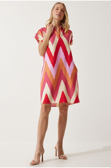 Women's Red Cream Polo Collar Patterned Summer Dress