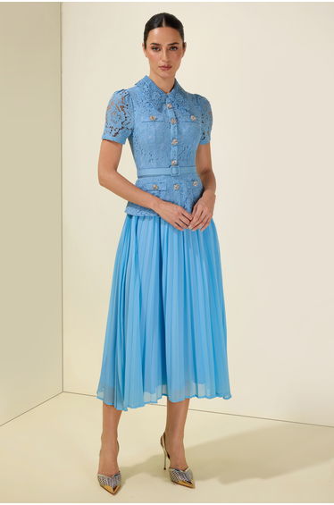 Lace Pleat With Belt Midi Dress