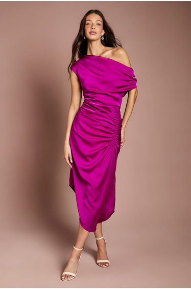 Satin Ruched One Shoulder Asymmetric Hem Midi Dress