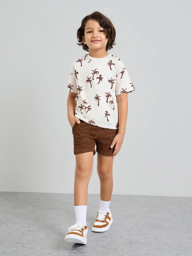 Boys All-Over Palm Print Regular Fit T-Shirt and Textured Knit Shorts Set