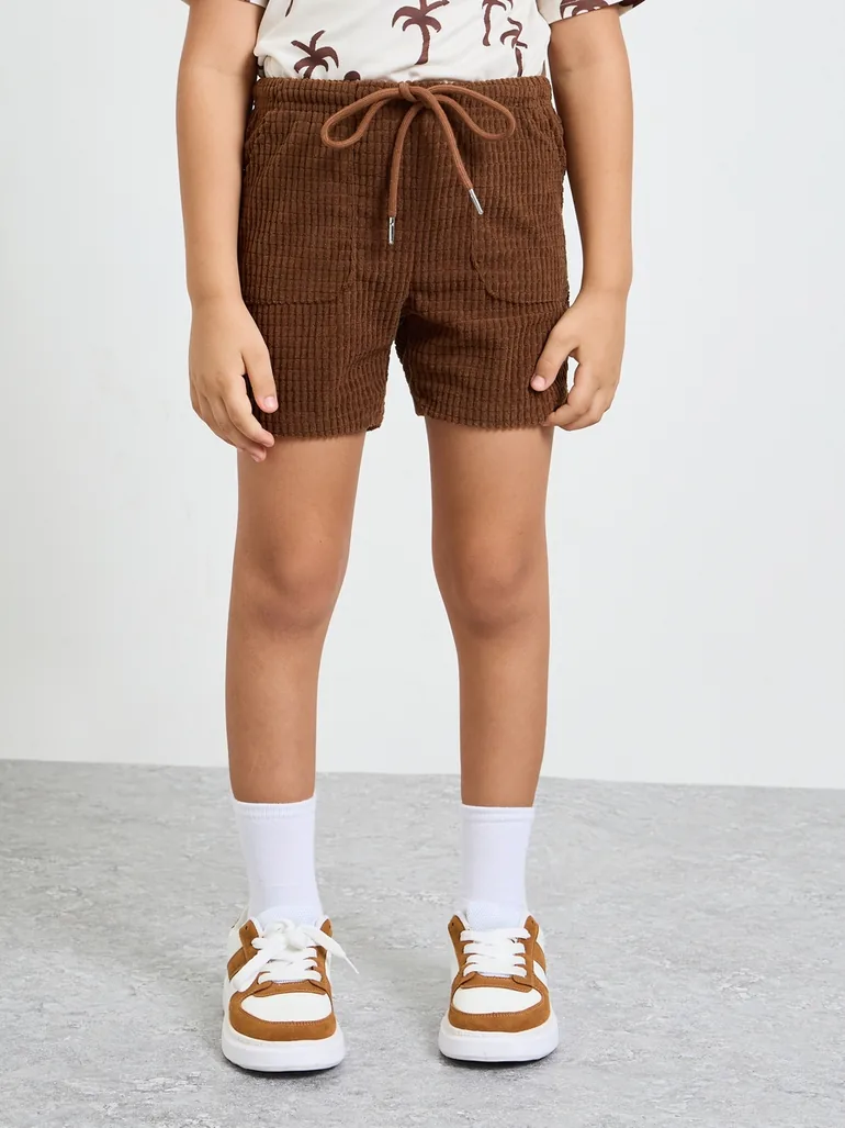 Boys All-Over Palm Print Regular Fit T-Shirt and Textured Knit Shorts Set - 4