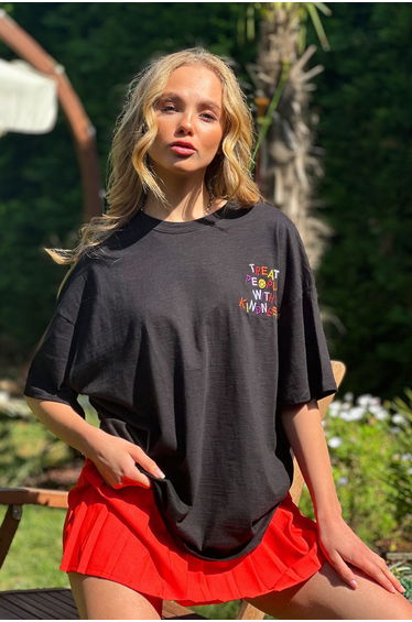 Women's Black Crew Neck Emoji Embroidered Oversize T-Shirt
