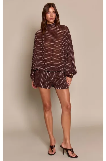 Brown Chiffon Polka Dot Hot Pant Co-ord