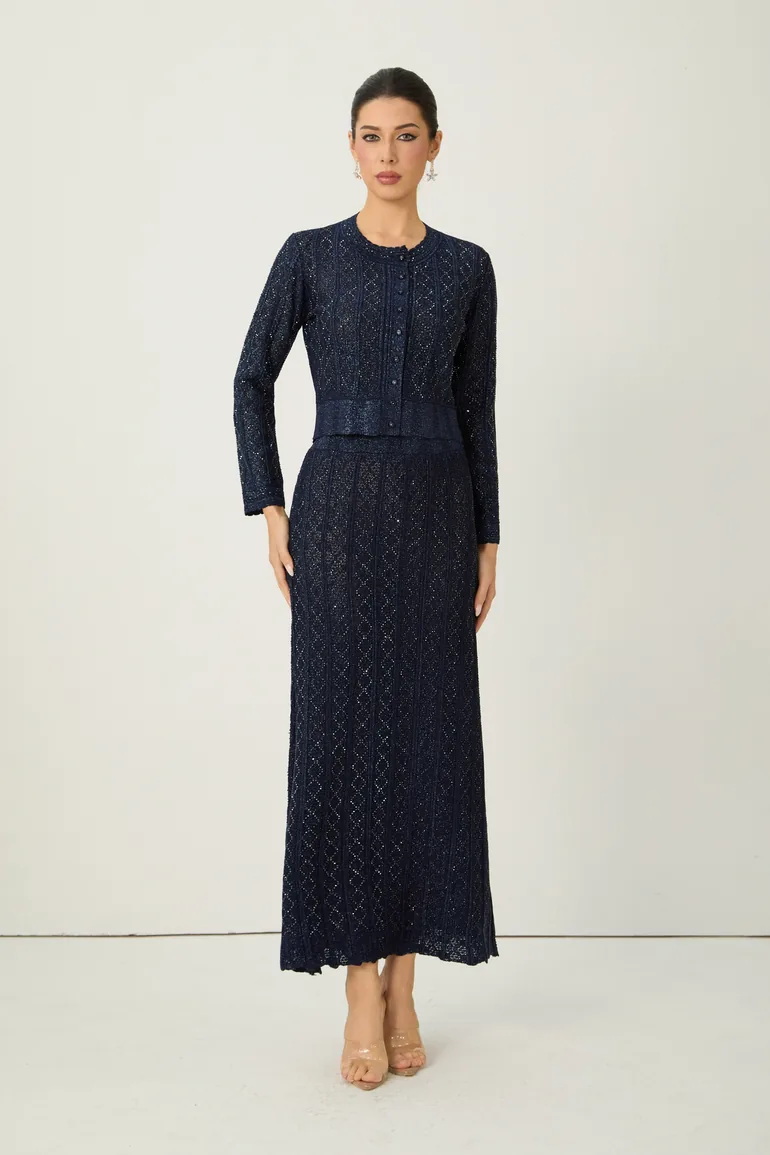 Radiant Personality Blue Diamond Knit Cardigan & Skirt Set