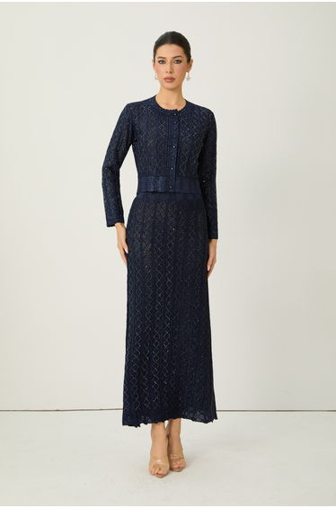 Radiant Personality Blue Diamond Knit Cardigan & Skirt Set