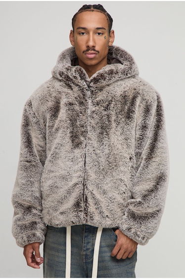 Regular Fit Thick Faux Fur Hooded Funnel Jacket - brown
