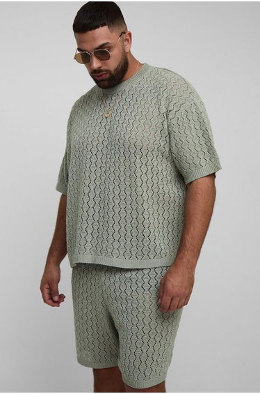 Plus Oversized Boxy Zig Zag Crochet T-Shirt & Short Set - sage