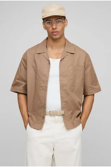 Oversized Half Sleeve Santorini Revere Shirt - taupe